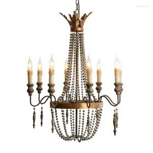 Lustres perles en bois gris Chandelier rétro Golden Luster Antique Loft Suspension Chambre Light Room Vintage Foyer Lampe