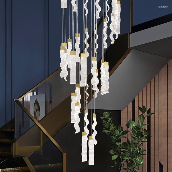 Lustres HD LED Escalier Moderne Acrylique Éclairage Intérieur Maison Spirale 32 cm Vague Cuisine Chambre Lumières Or Lampe Design Deo