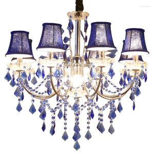 Lustres haut plafond Led bougie barre éclairage chambre lampe salon Restaurant bleu cristal lustre maison suspendus