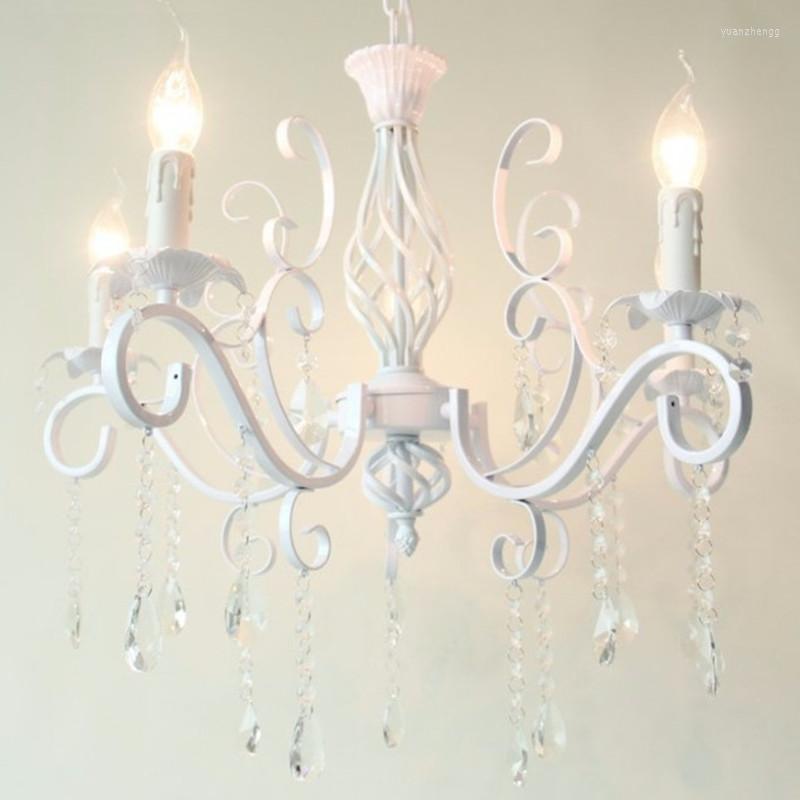 Żyrandole dom vintage kutego żelaza kryształowy żyrandol biała lampa sufitowa E14 Świece światła oświetlenia