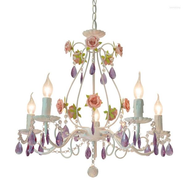 Lustres Coréen Jardin Fleur Lustre Fille Princesse Chambre Romantique Violet Cristal Chambre Lampe Restaurant En Fer Forgé Rose Éclairage