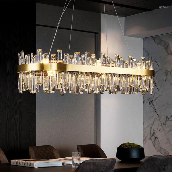 Lustres L120cm Design Ovale Île De Cuisine Suspendus Point De Lumière Moderne Lustre En Cristal Pour Salle À Manger Décor À La Maison De Luxe Or Led Lampe