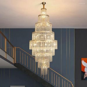 Kroonluchters grote LED -kristallen kroonluchter voor trap moderne ring cristal hangende verlichting luxe lobby luster gouden creatieve indoor lampen