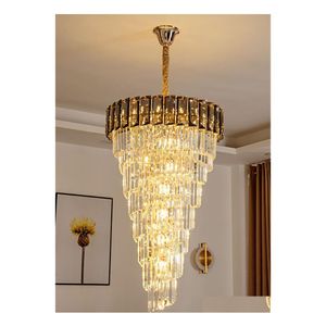 Lustres Led E14 Luxe Cristal Doré Long Lustre Duplex Bâtiment Creux Luminaire Suspendu Grande Lampe Moderne Villa Hall Dha0U