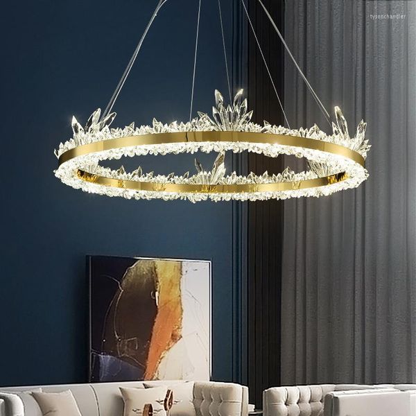 Lustres Led Moderne Cristal Rond Plafond Doré Lustre Villa Salon Suspension Lumière Simple Lampe Salle À Manger Suspension Luminaire