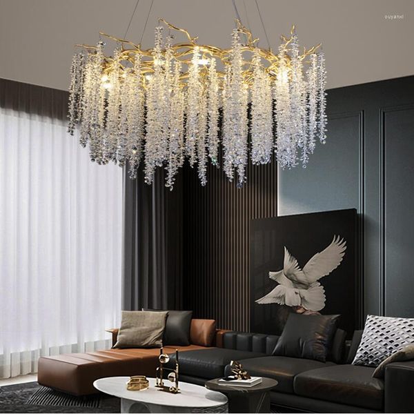 Lustres Led Pendentif Lampe Anneau Lumière Moderne Branche Lustre En Cristal Villa Salon Or Décoration Designer Français Luminaire