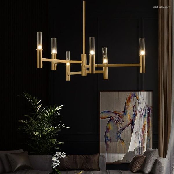 Lustres Lumière LED Art Lustre Pendentif Lmap Cuivre Luxe Postmoderne Salle À Manger Salon Verre Suspendu Chambre Maison Déco Multi-Tête Luminaires