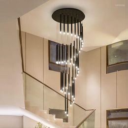 Lustres Lumières Moderne Simple Noir LED Spirale Grand Éclairage Tube De Fer Escalier Décor Nordique Intérieur Suspendu