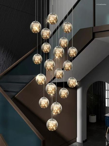 Lustres lumières escaliers postmodernes LED Villa Loft El hall luxe suspendu Art salon décor à la maison lampe en verre