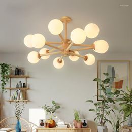 Lustres Salon Led Lustre En Bois Moderne Plafond Lampe Suspendue Pour Chambre Hall Cuisine Éclairage Intérieur Boule De Verre Blanc Décorer