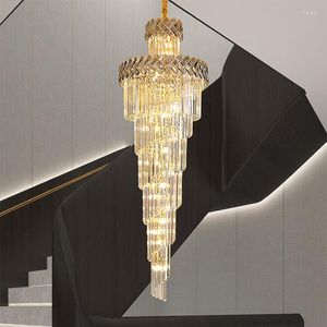 Lustres Long Lustre en Cristal pour escalier Hall de luxe salon LED Lustre en Cristal grand décor à la maison moderne luminaire en or