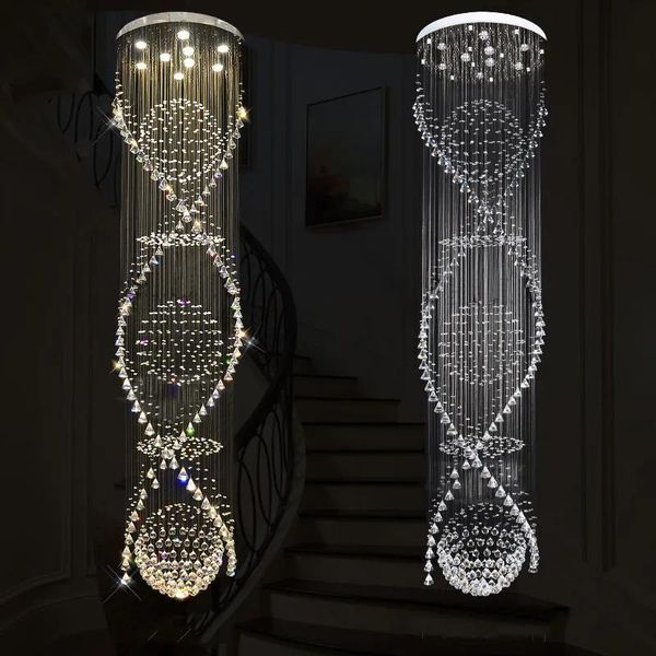 Candeliers largos Double espiral LED CRISTAL Luz de techo K9 Lámpara de caída de lluvia de lámpara de lámpara para escaleras de escaleras de lobby Foyer