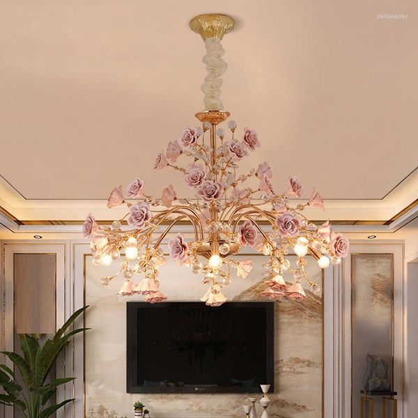 Lustres De Luxe Chambre LED Cristal Nordique Salon En Céramique Fleur Pendentif Lampe Moderne Rose Décoration Lustre Éclairage