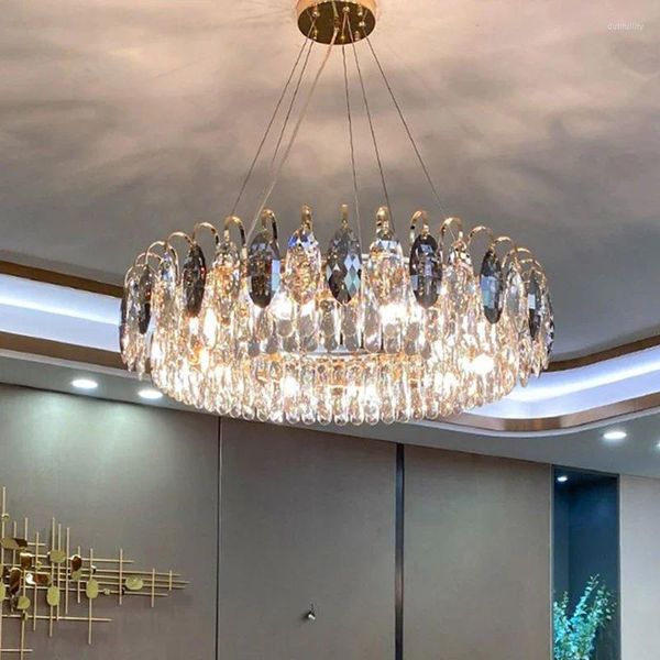 Lustres de luxe ClearGrey cristal simple lustre LED Post moderne rond suspendu pour salon chambre modèle salle à manger