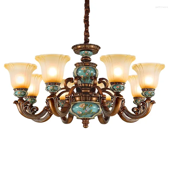 Lustres de luxe Style européen Vintage classique verre givré abat-jour résine lampe suspendue avec sculpture fleurs décor lumières