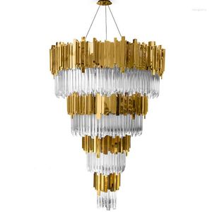 Lustres Luxe Or LED Lustre Dans Le Hall Salon Grand Haut Long Cristal Lampes Suspendues Escalier Éclairage En Acier Poli Lumière