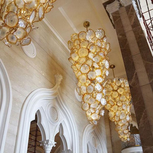 Candelabros de lujo con flor dorada grande, lámpara de araña con placas de cristal de Murano para Villa, accesorio colgante LED para interiores