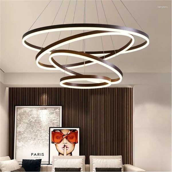 Lustres De Luxe Led Lustre Éclairage À La Maison En Aluminium Brossé Anneaux GoldCoffee Lampes Suspendues Pour Salon Table À Manger Chambre