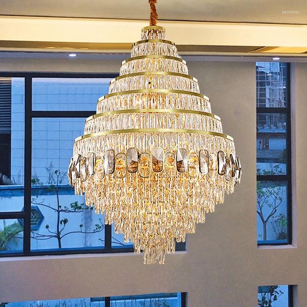 Candelabros Candelabro moderno de lujo de acero inoxidable Forma redonda dorada con cristal chino K9 para la sala de estar de Villa El