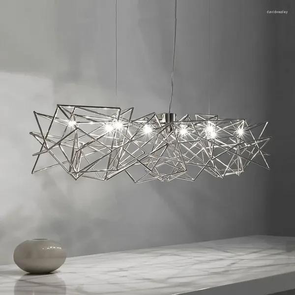 Lámparas de araña de plata de lujo LED moderno de acero inoxidable para la mesa de la isla Comedor Restaurante Arte Cromo Luz colgante