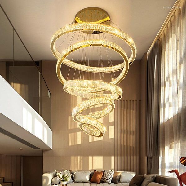 Lustres De Luxe Escalier Cristal Grands Anneaux Modernes Design Led Cristal Lampe Longue Villa Lobby Salon Or Suspensions