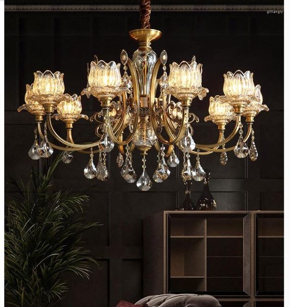 Lustres Ly Cuivre Antique Lustre En Cristal Lingting Luxueux Lampe En Laiton Lustre Suspension Lumière 6L/8L/10L Tailles AC Lumières