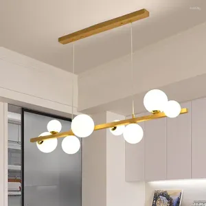 Lustres du plafond à balle en verre laiteux lustre pour table à manger îlot de cuisine minimalisme moderne imitation en bois suspension luminaire