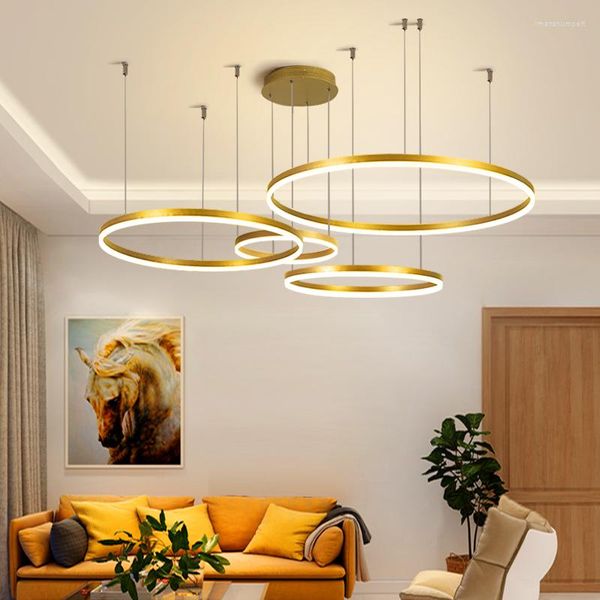 Lustres Minimaliste Moderne Led Lustre Éclairage À La Maison Brossé Anneaux Plafond Monté Télécommande Suspension Lampe Or Café Couleur