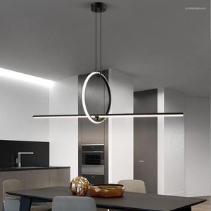 Lustres Moderne 2022 Led Plafond Lustre Long Noir Avec Télécommande Minimaliste Décor Table Salle À Manger Cuisine Maison Pendentif Lumières