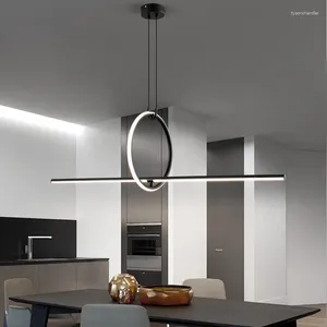 Lustres Moderne 2024 Led plafond lustre Long noir avec télécommande minimaliste décor Table salle à manger cuisine maison pendentif lumières
