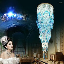 Lustres Lustre De Plafond En Cristal Moderne Pour Villa Salon Lobby Bleu Design Escalier Éclairage De Luxe Inoxydable Led Cristal Lampe