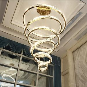 Lustres Lustre en cristal moderne anneau personnalité créative LED lampe en acier inoxydable duplex étage salon
