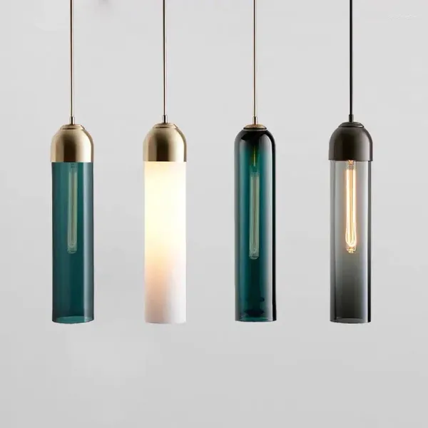 Lustres en verre vert foncé moderne tube long chambre à coucher lampe de chevet nordique table à manger minimaliste colonne lustre e27