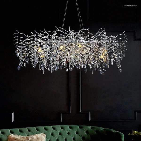 Lustres Design moderne luxe cristal Led Lustre longue branche d'arbre en argent Lustre pendentif lumières pour Villa salon salle à manger lampe