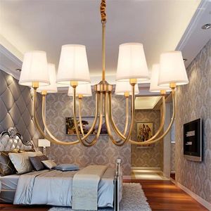 Kroonluchters Moderne volledig bronzen koperen kroonluchter voor slaapkamer keuken woonkamer stoffen lampenkap hangende huisverlichting
