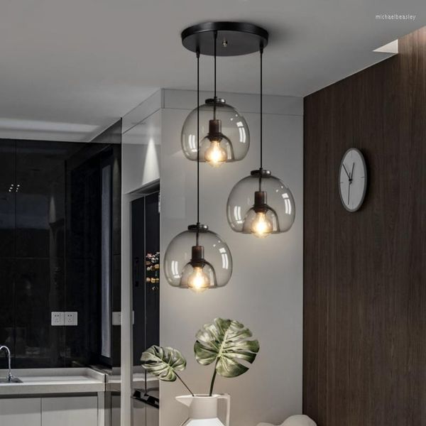 Lustres Moderne Plafond En Verre Noir Gris Art LED Pendentif Lumières Pour Salon Salle À Manger Table Cuisine Chambre Lampe Suspendue E27