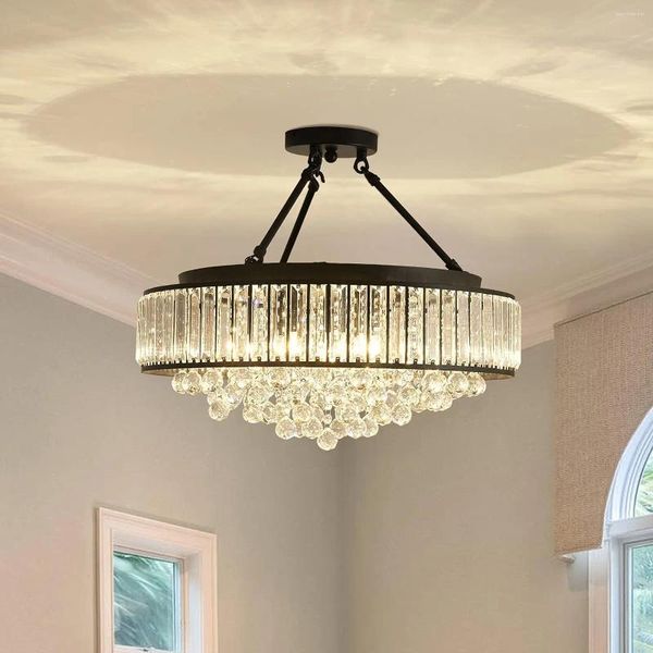 Lustres Grand lustre en cristal moderne en métal noir E26 semi-encastré luminaire rond plafonnier ferme pour salle à manger salon