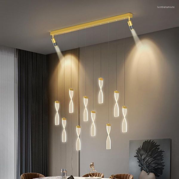 Lustres Moderne Led Plafond Lustre Pour La Décoration De La Cuisine Longue Bande Pendentif Lumières Bar Salle À Manger Lampe Suspendue Avec Projecteur Or