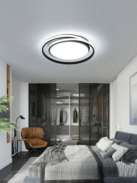 Lustres Éclairage de lustre LED moderne avec télécommande pour chambre étude salle à manger maison ronde noir Semi encastré plafonnier