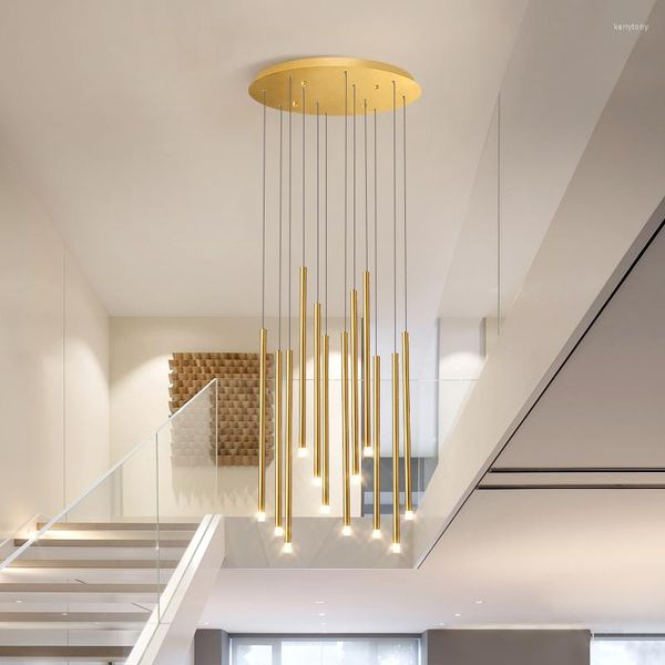 Lustres Moderne LED Lustre Simple Duplex Escalier En Colimaçon Hall Lumière Noir / Or Salon Décoration Plafond Lampen