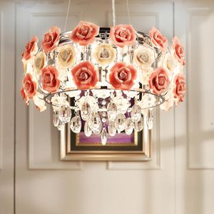 Lustres Moderne LED Lustre En Cristal Éclairage Céramique Rose Fleur Style Plafond Pour Salon Chambre Avec Ampoules E14