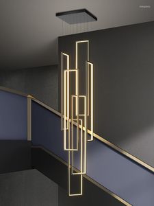 Lustres Moderne Lumière De Luxe Escalier Long Creative Or Noir Rectangulaire Duplex LED Pendentif Lumières Grenier Salon Lampes