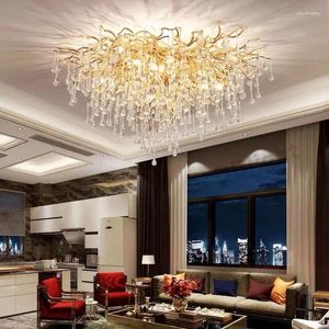 Lustres de luxe moderne grand plafond lustre cristal cristal Golden Drop Tree Branch pour le salon El Villa Hall Light