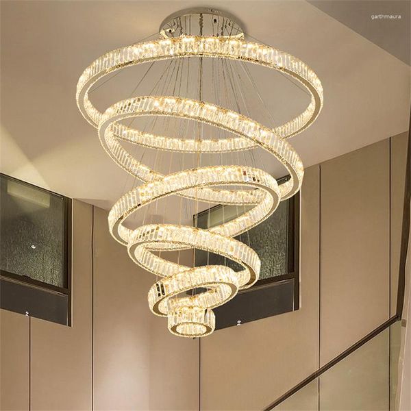 Lustres Moderne De Luxe Lustre En Cristal Cercle Anneaux Escalier Salon Décoration Plafond Led Éclairage