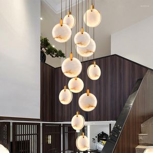 Lustres Moderne Marbre Cristal LED Pour Escalier Salon De Luxe Rond Cristal Lampes Suspendues Villa Long Luminaires