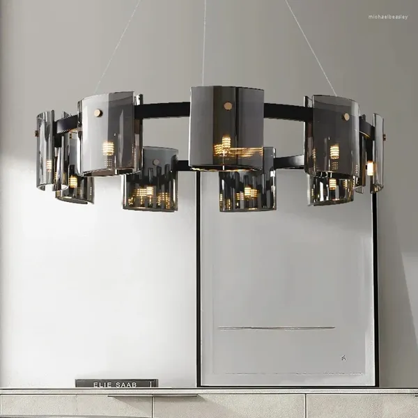 Lustres du minimalisme moderne lustre LED pour le salon chambre à manger cuisine rond anneau de la lampe en verre noir design