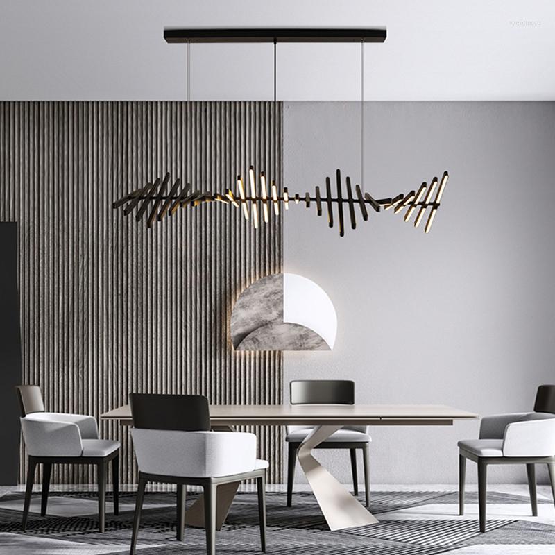Żyrandole Nowoczesne minimalistyczne sztuka Fishbone LED żyrandol Dekoracja domowa salon akryl aluminium PVC długie oprawy oświetleniowe