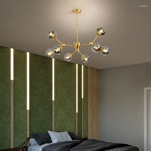 Lustres Moderne Style Nordique Boule De Verre Lampes Cuivre Salon Simple Chambre Restaurant Éclairage Moléculaire Led Lumières