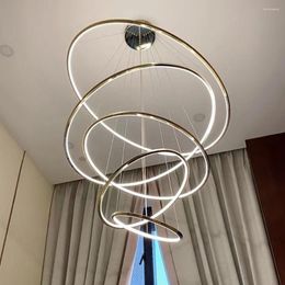 kroonluchters moderne ring led-kroonluchter voor trap woonkamer goud duplex gebouw hangende lampen luxe plafond binnenverlichtingsarmaturen