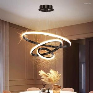 Lustres modernes ronds à trois anneaux Led Lustre pour salle à manger salon luxe or noir anneau suspension lampe décoration lumineuse